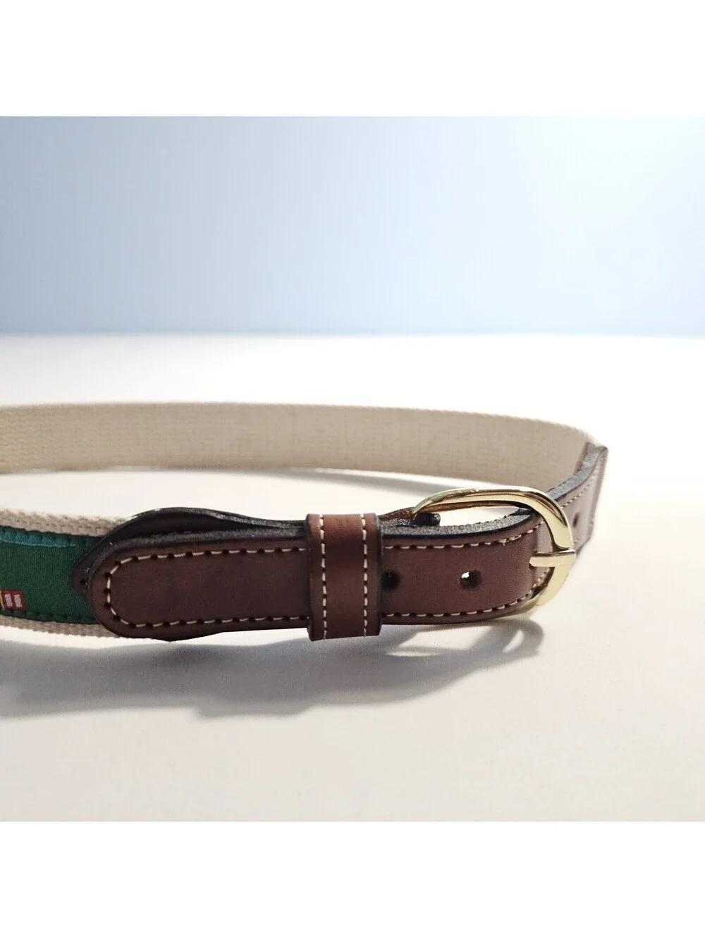 Golf Theme Canvas & Leather Belt Brown Leather Gold Buckle Green Golf Flag Clubs